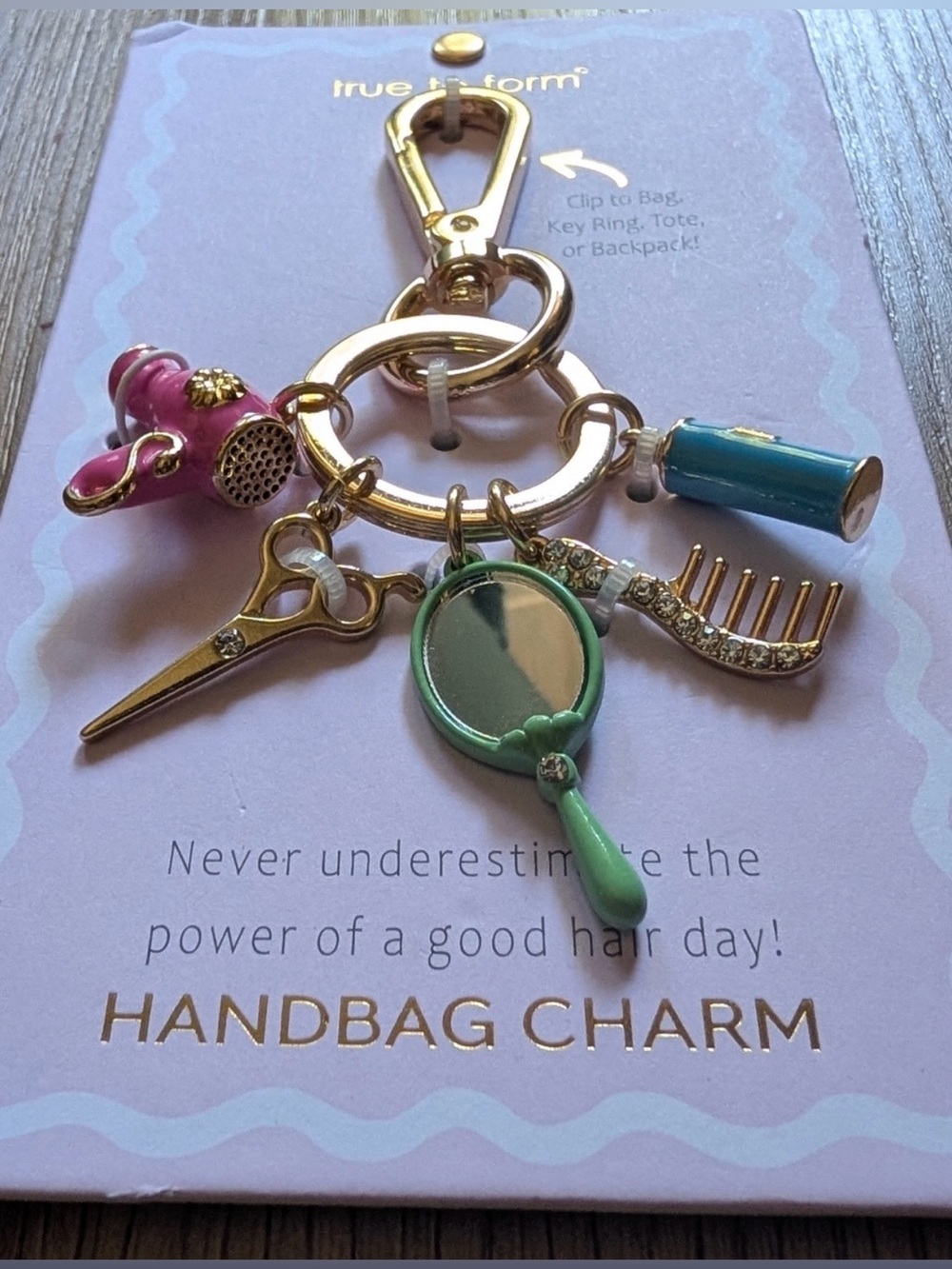 True To Form Pink & Teal Handbag Charm Keyring. NWT. “Hairstylist” - Picture 2 of 2